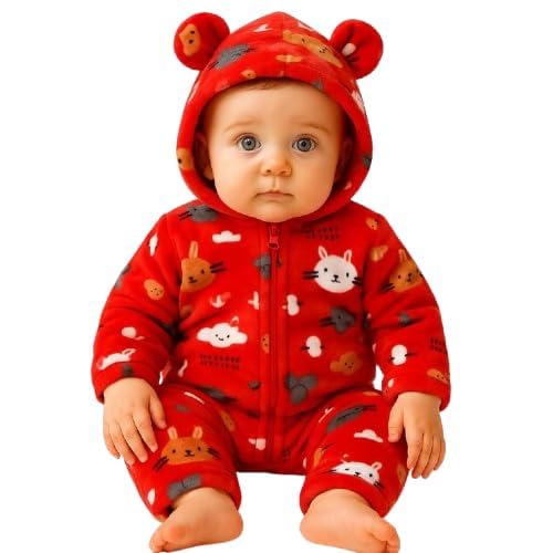 Image of BABYZONE Fluffy Fleece Baby Romper - Hooded Bear Ear Winter Jumpsuit for Boys & Girls