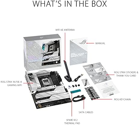 ASUS ROG Strix X670E-F Gaming WiFi AMD Ryzen AM5 ATX motherboard, 16 + 2 power stages, DDR5 support, four M.2 slots with heatsinks, USB 3.2 Gen 2x2, PCIe 5.0, WiFi 6E, AI Cooling II, and Aura Sync