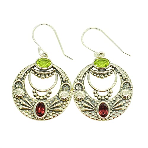 Boucles d'oreilles pendantes argent sterling péridot grenat