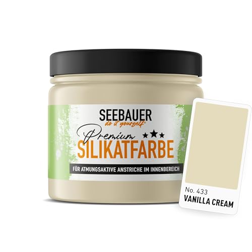 SEEBAUER diy Silikatfarbe Beige 300ml für Innen (No. 433 Vanilla Cream) Atmungsaktive Mineralfarbe für Allergiker - Abwaschbare Wandfarbe - Beigetöne hohe Deckkraft