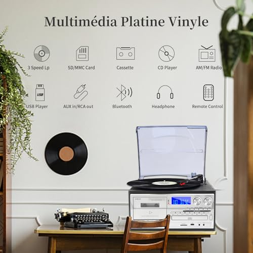 JORLAI Tourne Disque 3 Vitesses avec télécommande, Phonographe Vinyle Bluetooth avec Haut-parleurs intégrés CD/Cassette Radio AM/FM USB/SD/MMC 3.5mm Aux-in/RCA-Out, Noir - Les Beatles, Paul McCartney, John Lennon, RIngo Starr, George Harrison JORLAI Tourne Disque 3 Vitesses avec télécommande, Phonographe Vinyle Bluetooth avec Haut-parleurs intégrés CD/Cassette Radio AM/FM USB/SD/MMC 3.5mm Aux-in/RCA-Out, Noir – Image 3