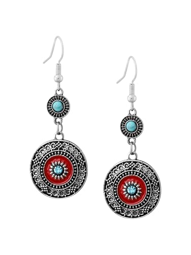 MINACHI Bohemian Vintage Style Geometric Blue and Red Dangle Earrings, Ethnic Jewelry for Women