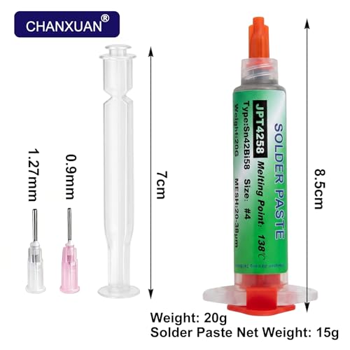 Miniatura 6 de Pasta De Soldadura Electronica 20g,138 Sn42 Bi58,Pasta De Estaño Sin Plomo,Profesional No-Clean Pasta Soldar Con Empujador Y Aguja Flux Soldar Para Bga Led Smd Pcb Componentes