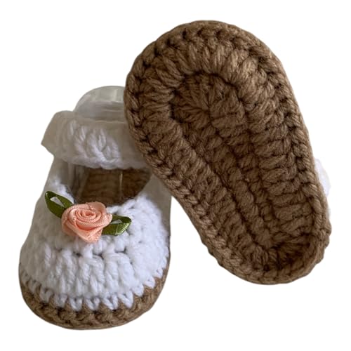 Handmade Crochet Baby Girl Mary Jane Shoes, White with Pink Rose, Soft Cotton Booties for Newborn3