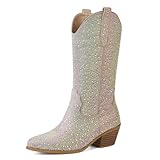 Absatzhöhe: 5 cm. CIERWS Damen Bestickte Western Silber Cowgirl Stiefel Cowboystiefel Mid Calf Boots Metall PU Mittlerer Absatz Mode Retro Klassische Mittelstiefel, RM-Farbe, 42 EU