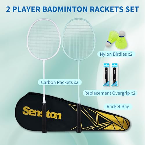 Senston Badminton Rackets Set of 2 with Full Kit | Graphite Shaft Lightweight Rackets (2U 90g), 2 Nylon Shuttlecocks, 2 Non-Slip Grips & Carry Bag | Beginner Tennis Badminton Combo for Family