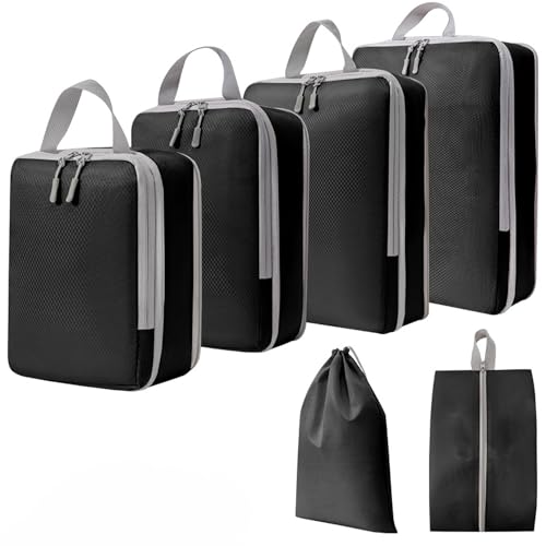 Compression Packing Cubes for Carry On Suitcases, 6pcs a Set Compression Packing Cubes for Travel compression bags for Packing Organisers Expandable Storage Travel Accessories Luggage Suitcases-Black