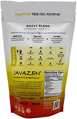 Javazen Boost | Organic Coffee Blended with Yerba Mate Tea & Aรงai Berry for Energy + Focus, Vegan, Paleo, Gluten Free | 1 Bag - 9 oz. - 15 Servings