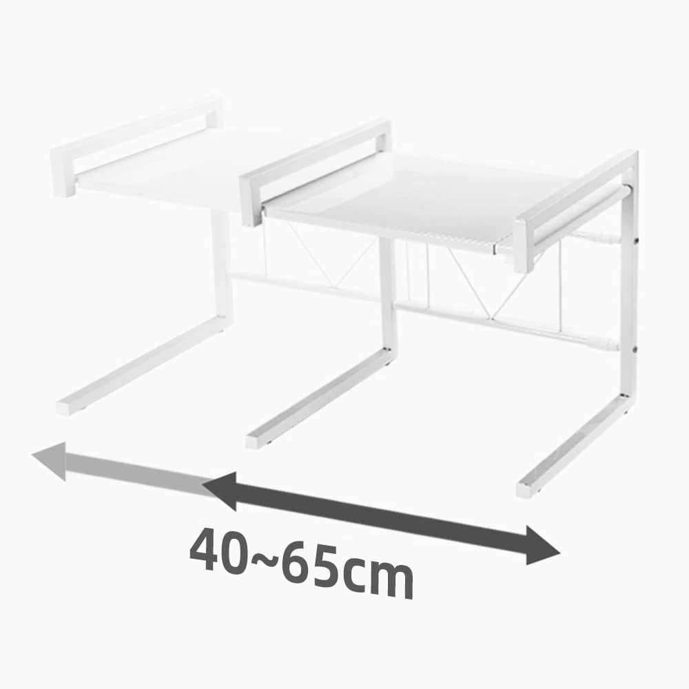 Estante de microondas extensible de metal, estante ajustable para cocina, estante de microondas vertical con 3 ganchos en S, práctico soporte de cocina para encimera (blanco)