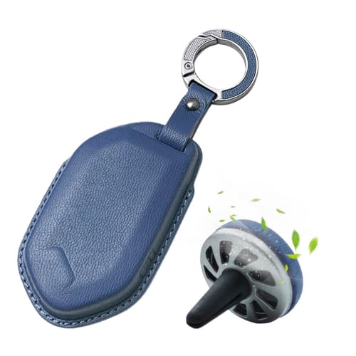 Image of Keyzone Premium Leather Key Cover & AC Vent Car Perfume Combo (4 Fragrances) | Compatible for Kia Seltos 2026, Syros, EV6, EV9 4 Button Smart Key (Blue)