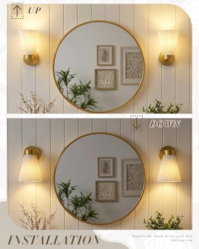 Image of Set of 2 Wall Sconces, HWH Gold Bathroom Light Fixtures with Milk White Striped Fabric Shade, Up and Down Vanity Lights Fixture, Brushed Gold Finish, 5HZG97B-2PK BG-FB
