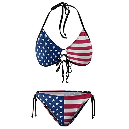 Plyani Women Bikini Sets 2 Piece Sexy Thong Swimsuit Sling Halter String Red White And Blu Star Usa American Flag Swimwear Set Bathing Suit Top (American, Xxl) #TOP4