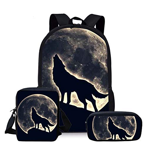 Set di 3 zaini per la scuola per bambini con giraffa con zaino borsa a tracolla astuccio per matite Lupo Taglia unica Zaini Daypack