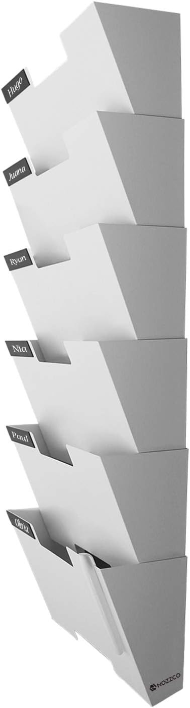 Nozzco Wall Mount Hanging File Holder Organizer Durable Steel Rack, Solid, Sturdy and Wide for Letters, Files, Magazines and More Organize The Desktop, Declutter Your Office 6 Pack White