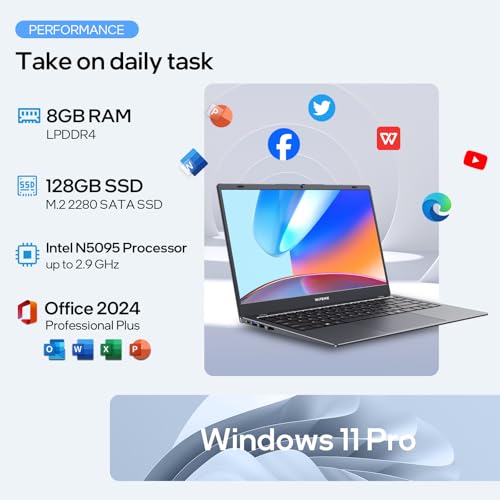 2025 14" Laptop, 8GB RAM, 128GB SSD | Quad-Core N5095 Processor, HD Display, Support WiFi 5, Bluetooth 5.0, USB 3.0, Webcam, Pre-Installed Office Pro Plus 2024 - Image 3