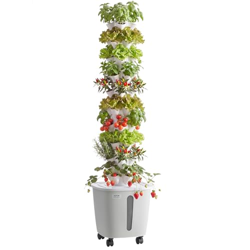 VEVOR Hydroponik-Turm 50 Pods Hydrotower 10 Ebenen Hydroponik-Anbausystem-Set mit App-Steuerung Rädern 20-L-Wassertank & Pumpe Hydroponic Tower für Kräuter Obst & Gemüse im Innenbereich