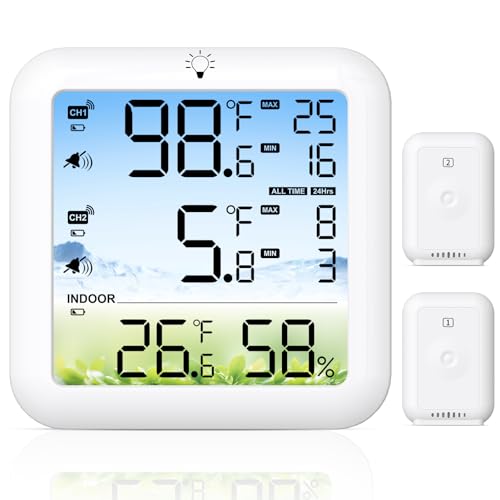 LSNDRG Freezer Thermometer with Alarm – Digital Refrigerator Temperature Monitor with 2 Probes (Monitor 2 Locations), 330FT Range, Backlit Display, 24H Max/Min for Fridge, Deep Freezer, RV