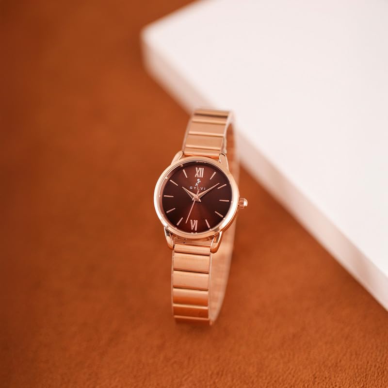Image of Sylvi Analog Watch for Women, Dazzle Mocha Rose Link Rose Gold Stainless Steel Bracelet Watch with Glossy Coffee Round Dial, Mineral Glass, Quartz Movement & 30m (3 ATM) Water Resistant