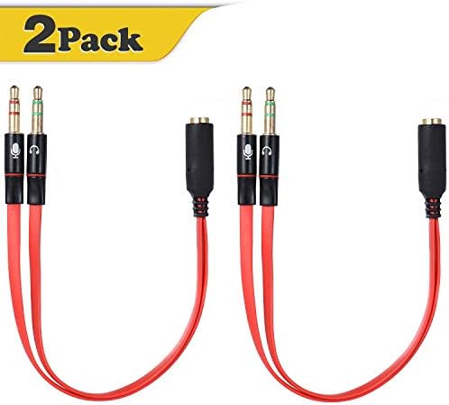 Warmstor 2 Pack 3.5mm (1/8") Female to 2 Male Headphone & Mic Plugs Gold Plated Audio Y Splitter Flat Cable for Using Smartphone & Tablet Headset with Microphone on Computer (Red)