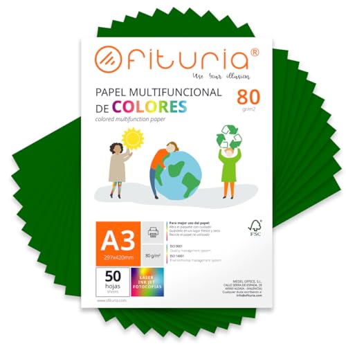Fogli Colorati, Confezione da 50 Fogli A3 80gr – Carta Colorata per Lavoretti Creativi, Stampante, Scrapbooking – Fogli Colorati – Ideale per Origami, Papiroflexia, Ufficio e Scuola (Verde Scuro, 50h)