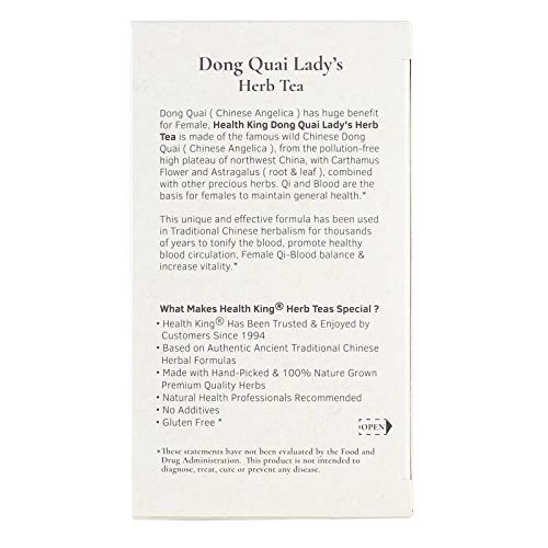 Dong Quai Lady's Herb Tea By Health King - Female Qi-Blood Balance & Energy - ( 1 Pack, 20 Count, With Non-Gmo, Vegan, Dang Quai Root, Astragalus Root & Leaf, Carthamus Flower, Motherwort Stem & Leaf, Codonopsis Root, Szechuan Lovage Rhizome Root, Schizandra Berry, Green Tea Leaf, Jasmine Flower) #TOP2