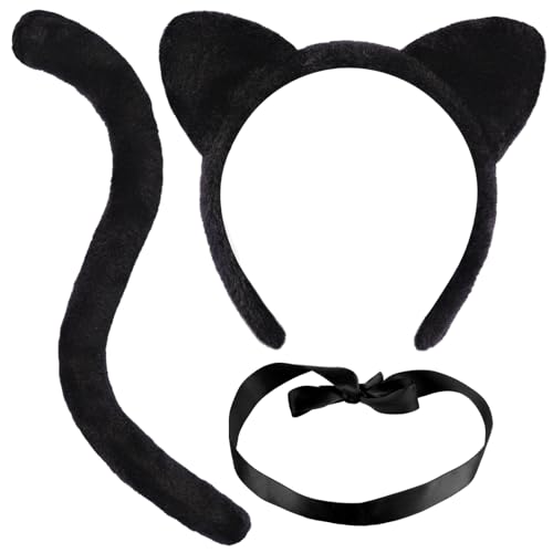 SIOTMERA Cat Ears and Tail Set with Bells - 3 Pieces Black Cat Costume with Cat Ears Headband Tail Bell Collar - Animal Costume Accessories Set for Halloween Dress-Up Parties Cosplay