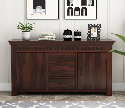 Image of Credenza Solid Sheesham Wood Sideboard Cabinet with 3 Drawers & 2 Doors | Wooden Buffet Storage Unit for Living Room, Kitchen & Home Office | Modern Solid Wood Cabinet | Walnut Finish