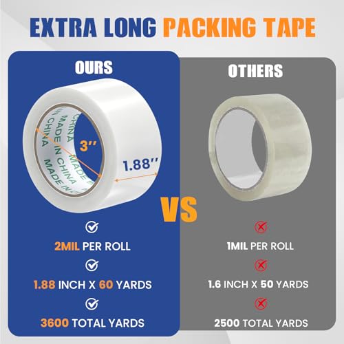Image of 60 Rolls Bulk Clear Heavy Duty Shipping Packing Tape for Packaging Supplies | Clear, 1.88 Inchs x 60 Yards Per Roll, Strong Packaging Tape for Moving Boxes, 3600 Total Yards