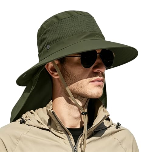 Image of Outdoor Sun Hats with Stowable Neck Flap for Men Women UPF 50+ Mesh Summer Bucket Hat Wide Brim for Fishing Safari Hiking
