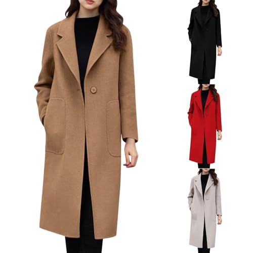 Image of Trench Coat Women Full Length Wool Peacoat Open Front Single Breasted Pea Coat Fashion Elegant Work Office Overcoat