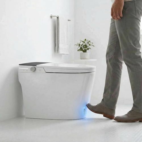 Inodoro inteligente con bidet, activación por sensor de pie, asiento calefactable, agua tibia, secado por aire, lavado femenino, luz nocturna LED, contenedor de agua para baja presión, cubierta blanca con luz LED negra miniatura 3