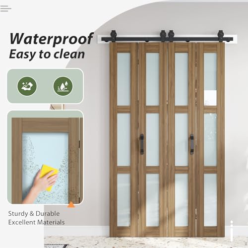 Image of FREDBECK Bifold Barn Doors 48X84(12x84) Frosted Glass, Brown Bifold Doors