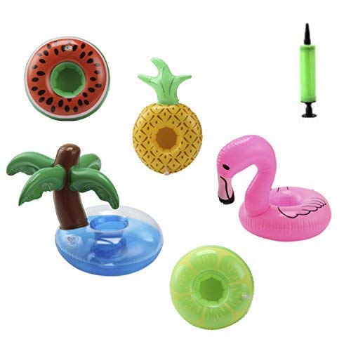 PAMASE 18 Packs Pool Inflatable Floating Drink Beverage Beer Cup Holders, Floatable Coasters of Flamingo, Coconut Palm, Lemon, Watermelon and Pineapple