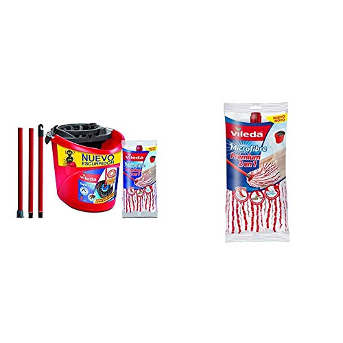 Vileda - Set de Limpieza de Suelos, Compuesto por Cubo superfácil + Palo Universal de 3 Piezas + fregona de microfibras + Microfibras Premium 2 En 1 Recambio para Fregona