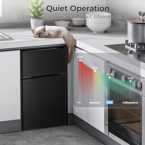 Image of Kismile 3.2 Cu.Ft Mini Fridge with Freezer, Compact Refrigerator, Black | Removable Shelves, Two Doors, Adjustable Temperature, Perfect for Bedroom, Apartment, Office, Dorm