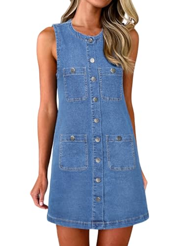 Denim Dress for Women, Sleeveless Jean Dress Button Down Dresses Casual Summer Denim Mini Dresses with Pockets