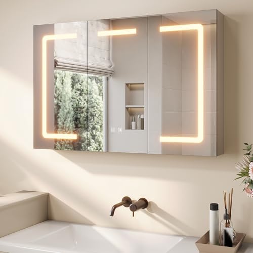 SONNI Spiegelschrank mit Beleuchtung 90x60 cm, 3 Türen LED Spiegelschrank Bad mit Anti-Beschlag, Steckdose, 3 Lichtfarben, Dimmbar, Vollständig Montiert