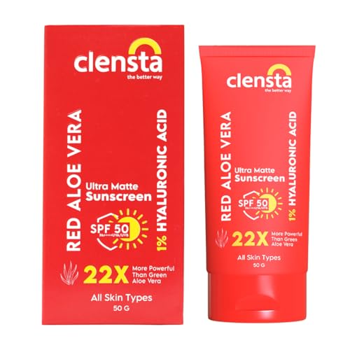 Image of Clensta Red Aloe Vera Ultra Matte SPF 50 Sunscreen With 1% Hyaluronic Acid PA++++ UVA /UVB | All Skin Type | Women & Men | 50g