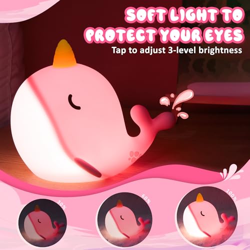 Image of Ammonite Pink Narwhal Night Light, Soft Silicone Whale Nursery Lamp with 3 Dimming Levels and 30-Minute Timer, Touch Control Nightlight for Bedroom Decor, Christmas Birthday Gift