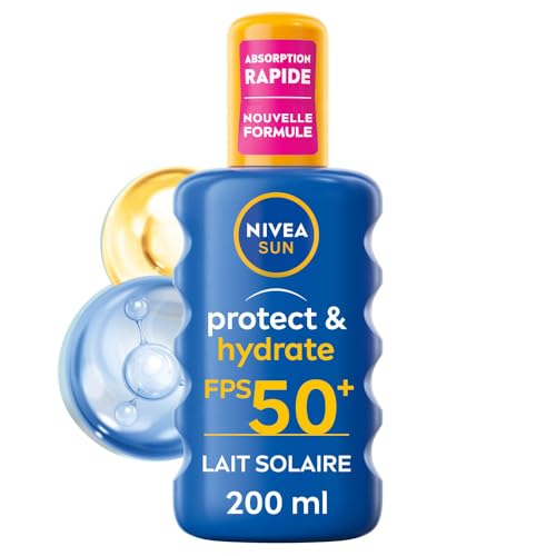 NIVEA SUN - Spray Solaire Protect & Hydrate SPF 50+ - 200 ml - Protection Solaire Résistante à l'Eau Haute Protection Visage et Corps