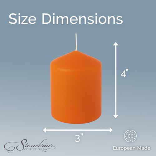 Image of Stonebriar Unscented Pillar Candles - 35 Hour Burn Time, Long-Lasting Wax Candles for Weddings, Holidays, Home Decor & Special Events, Pack of 6, Orange, 3 inch x 4 inch