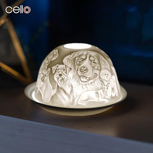 Cello Porzellan Teelichthalter Kuppel - Design für Hundeliebhaber mit 3D-Projektionsbild und Nachricht, duftend, unparfümiert, LED-Kerzenwachswärmer, Geschenk für Mama und Papa, Ornament für