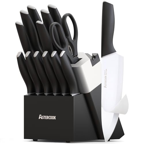 Astercook Knife Set, Kitchen Knives with Block and Sharpener Ceramic Coating 15 Pcs German Stainless Steel Knives Sharp Blade Dishwasher Safe Deba Knives with Ergonomic Handle, Elegant Black