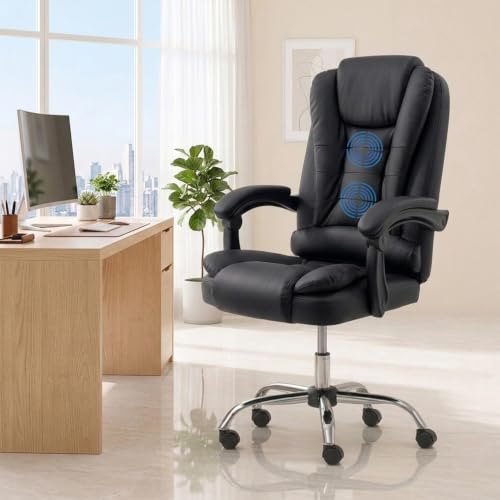 Image of NORMAN JR Italia Premium Leatherette Office Chair for Work | Boss Chair, Ergonomic Executive, Luxurious Cushioned Arms & Seat, 2 Point Back Massager, Heavy Duty Metal Base (Black)