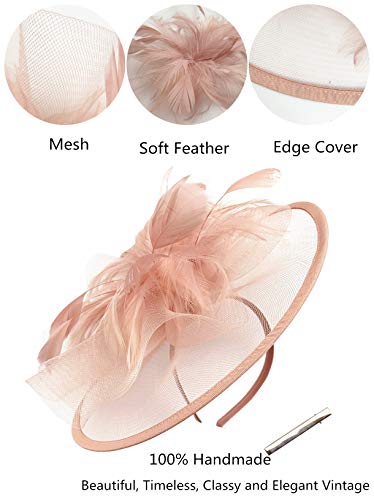 Saferin Fascinator Hair Clip Cocktail Hat Bowler Feather Flower Derby Kentucky Veil Wedding Party Hat Tea Fascinators (A-Skin Pink) #TOP6