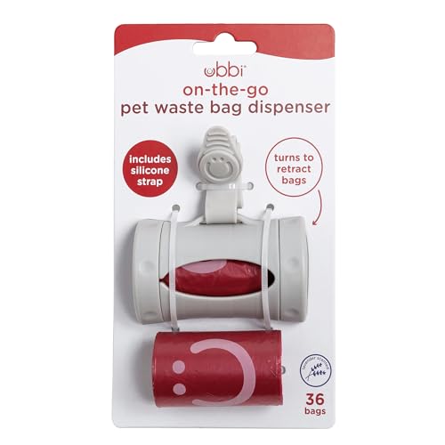 Image of Ubbi Retractable Dog Poop Bag Holder and Dispenser with Silicone Strap Leash Attachment, Includes 2 Rolls of Lavender Scented Leakproof Waste Bags, Gray