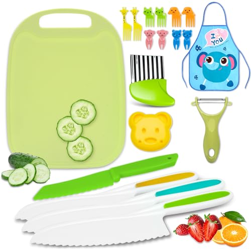 19 Pcs Kids Cooking Sets , Montessori Kitchen Tools for Toddlers, Safe Knife Set for Real Cooking ,Vegetable Crinkle Cutters Serrated Edges Plastic Toddler Knifes , Toddler Toys Set for Real Cooking