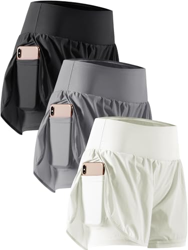 CADMUS 2 in 1 Women's Workout Shorts Athletic Gym Running Shorts for Women Phone Pockets,Black & Gray & White, Medium