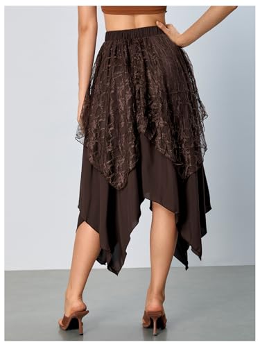 Verdusa Women's Lace Overlay Elastic Waist Asymmetrical High Low A Line Long Skirt2