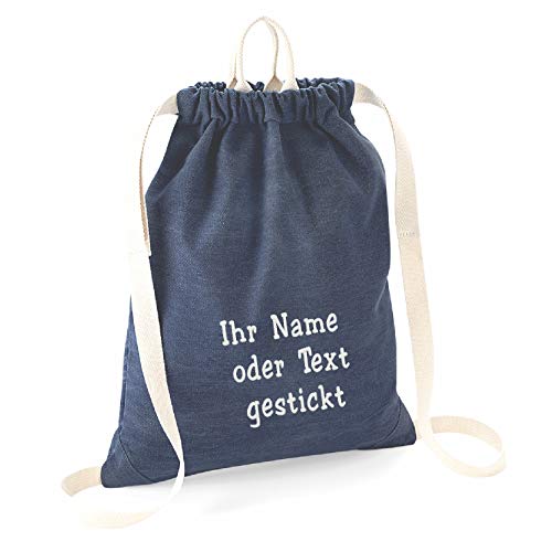 freitex Denim Rucksack/Turnbeutel/Gymsack/Sportbeutel mit Namen bestickt individuell personalisiert (Denim) Cover